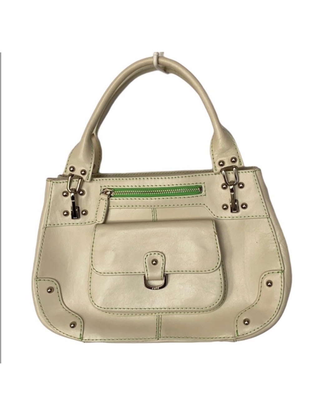 Rafe Structured Top Handle off white leather satchel with lime green stripe